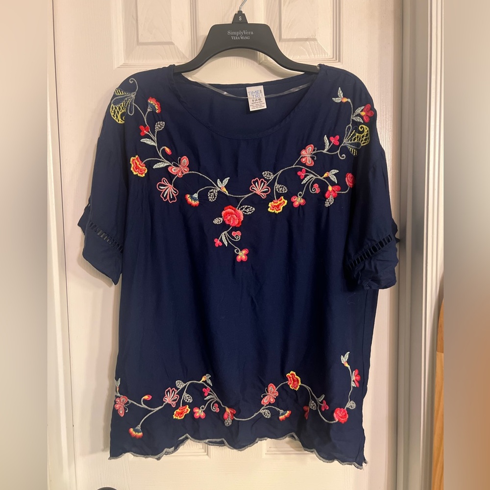 Time and Tru Embroidered Floral Navy Top